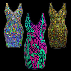 Holographic dresses in silver, gold and neon designs by Jason Brickhill