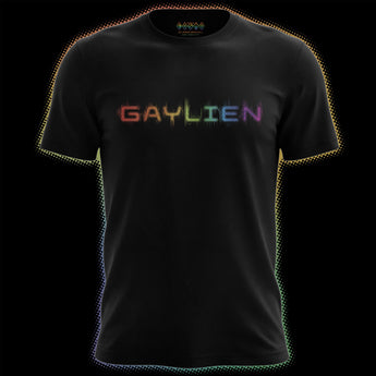 Black Gaylien tee with rainbow dot graphic