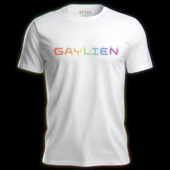White Pride tee with rainbow Gaylien print