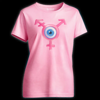 Pink trans Pride tee with symbol and protective eye