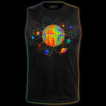 Holographic Pride tank with orbiting planets and holographic disco ball graphic by COSMO