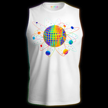 White holographic Pride tank with orbiting planets and holographic disco sphere graphic by Cosmo