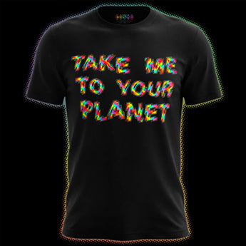 Rainbow “Take Me To Your Planet” graphic on black COSMO Pride T-shirt