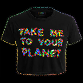 Holographic rainbow “Take Me To Your Planet” artwork on black Cosmo Pride crop top