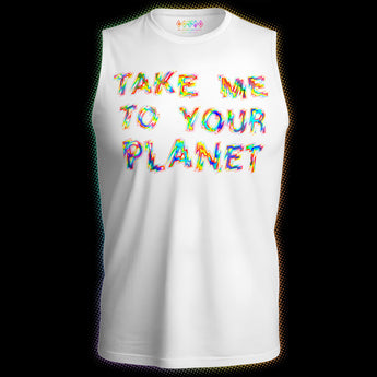 White holographic Pride tank featuring reflective rainbow “Take Me To Your Planet” artwork by Cosmo