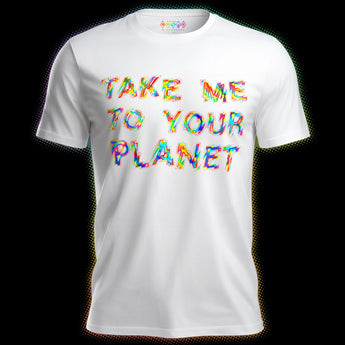 White Cosmo Pride T-shirt featuring holographic rainbow “Take Me To Your Planet” artwork