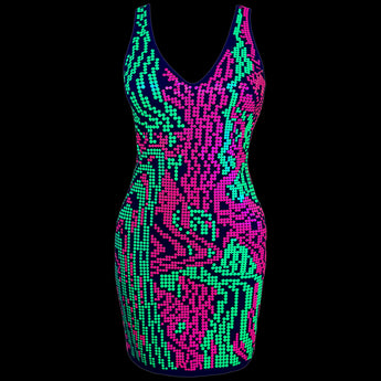 Futuristic dress with neon green and pink digital glitch pattern