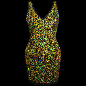 Gold holographic dress with iridescent rainbow reflections by Jason Brickhill