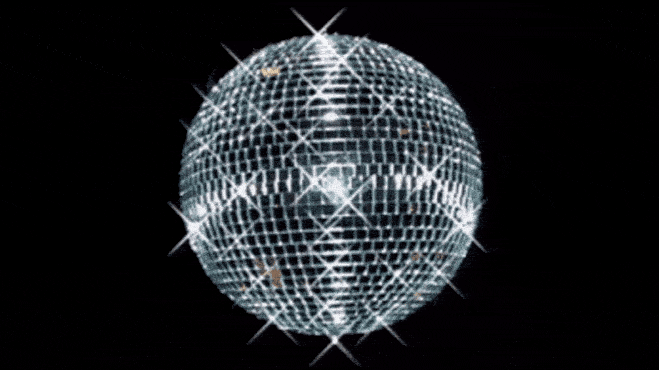 Sparkling silver disco ball reflecting light against a black background.