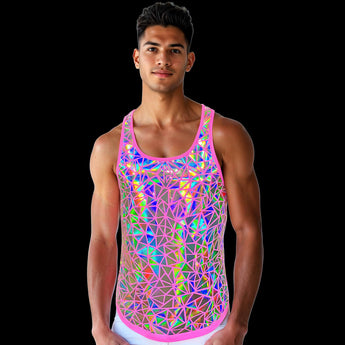 Model wearing Pink Holographic Tank Top