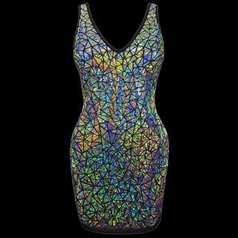 Silver holographic dress with multidimensional rainbow sparkle by Jason Brickhill
