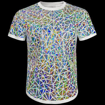White holographic T-shirt with hand-placed multidimensional Mosaic by Jason Brickhill
