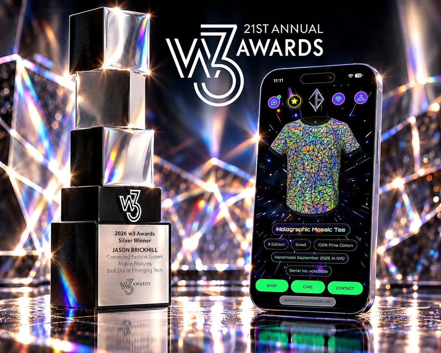 Jason Brickhill 2026 w3 Awards Silver Winner trophy beside the Connected Fashion System featuring the Holographic Mosaic Tee.