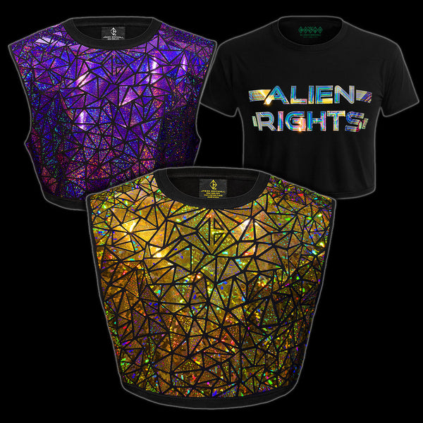 Holographic and reflective crop tops by Jason Brickhill with intergalactic graphics and sparkle details
