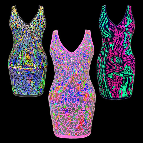 Light-reactive holographic dresses by Jason Brickhill designed to catch light and command attention