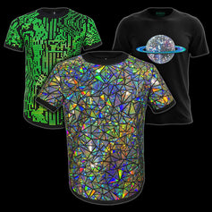 Holographic mosaic T-shirts by Jason Brickhill with light-reactive sparkle and reflective finishes