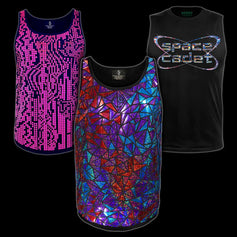 Holographic and reflective tank tops by Jason Brickhill designed for nightlife and festival wear
