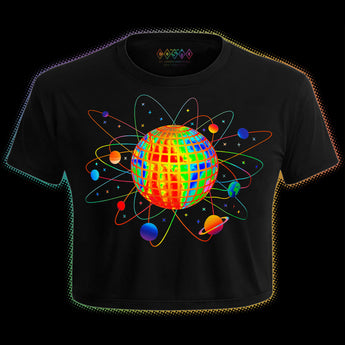 Holographic Pride crop top with orbiting planets and holographic disco sphere artwork by Cosmo