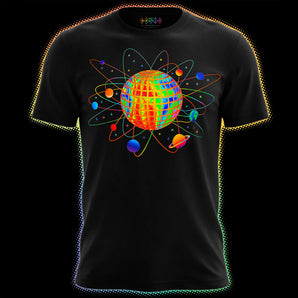 Holographic Pride T-shirt with orbiting planets and disco sphere graphic by Cosmo