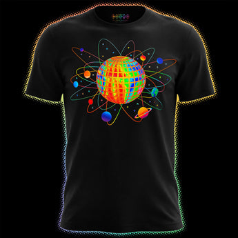 Holographic Pride T-shirt with orbiting planets and disco sphere graphic by Cosmo