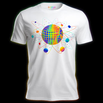 White holographic Pride T-shirt featuring cosmic planets and disco sphere artwork by Cosmo