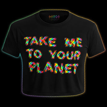 Rainbow “Take Me To Your Planet” artwork on black Cosmo Pride crop top