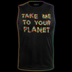 Rainbow “Take Me To Your Planet” graphic on black Cosmo Pride tank