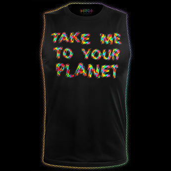 Rainbow “Take Me To Your Planet” graphic on black Cosmo Pride tank