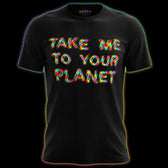 Rainbow “Take Me To Your Planet” graphic on black COSMO Pride T-shirt