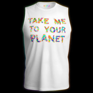 White holographic Pride tank featuring reflective rainbow “Take Me To Your Planet” artwork by Cosmo
