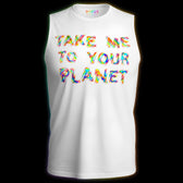 White holographic Pride tank featuring reflective rainbow “Take Me To Your Planet” artwork by Cosmo