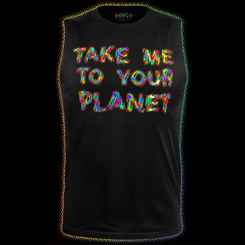 Holographic rainbow “Take Me To Your Planet” artwork on black Cosmo Pride tank