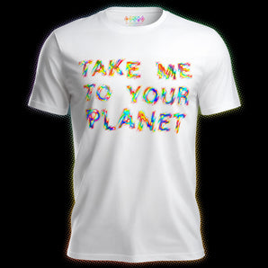 White Cosmo Pride T-shirt featuring holographic rainbow “Take Me To Your Planet” artwork