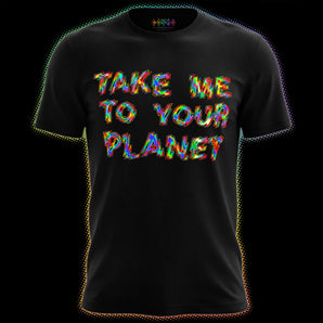 Holographic rainbow “Take Me To Your Planet” artwork on black COSMO Pride T-shirt
