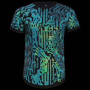 Glitch t-shirt with a digital pixel pattern in shiny teal
