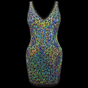 Silver holographic dress with multidimensional rainbow sparkle by Jason Brickhill