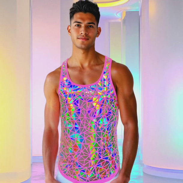 Pink Holographic Tank Top on model